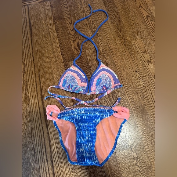 Arizona Jean Co. Blue Pink Paisley Triangle Bikini Set Women’s Size Small - Picture 2 of 9